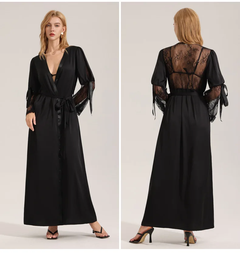 

New Satin Solid Color Long Bathrobe Nightgown Ice Silk Robe for Women's Lace Backless Waist Cinched Casual Sexy Homewear Pajamas