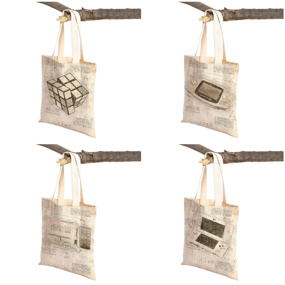 Vintage Sketch Video Game Women Shopping Bags Double Print Casual Canvas Handbag Art Gamer Shoulder Shopper Bag Lady Tote