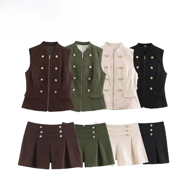 Fashionable Women's Vest Shorts Set Wind Rope Knot Decoration Slim Fit Curve Vest Regular Length Polyester Fiber Zipper Closure