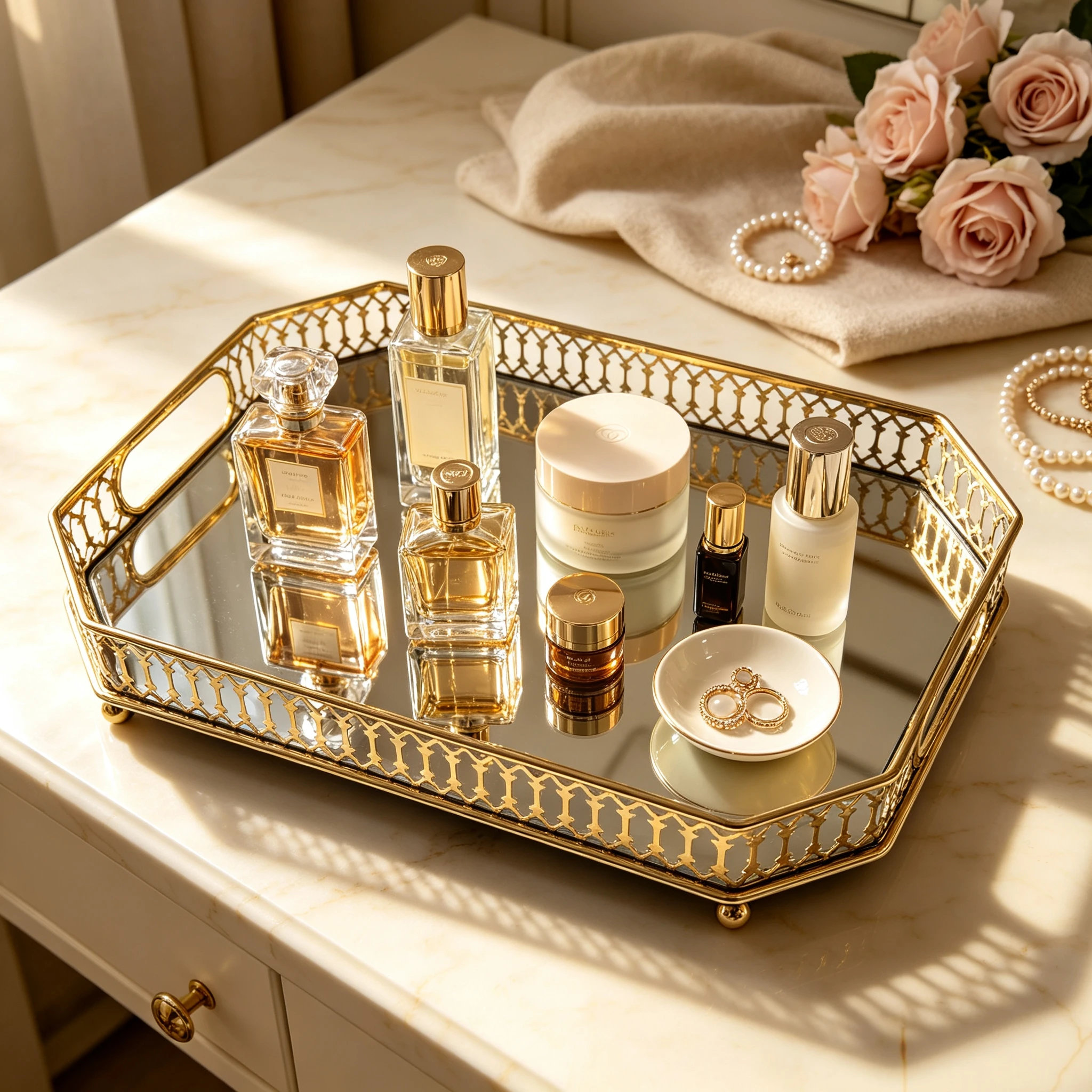 Gold Lace Hollow Octagonal Mirror Tray, Metal Decorative Tray with Handles, Multi-scene Mirror Vanity Organizer Tray for Jewelry Perfume Skincare, Tabletop Decor for Bedroom Living Room Bar Guestroom Holiday Events