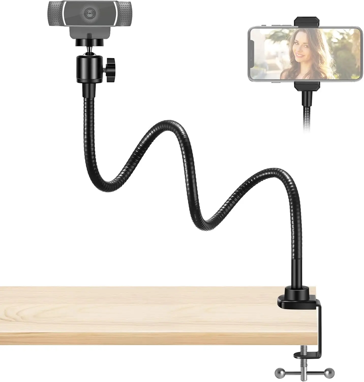 

Adjustable Webcam Stand with Phone Mount, Flexible Desk Arm for Cameras and GoPro, 1/4" Thread