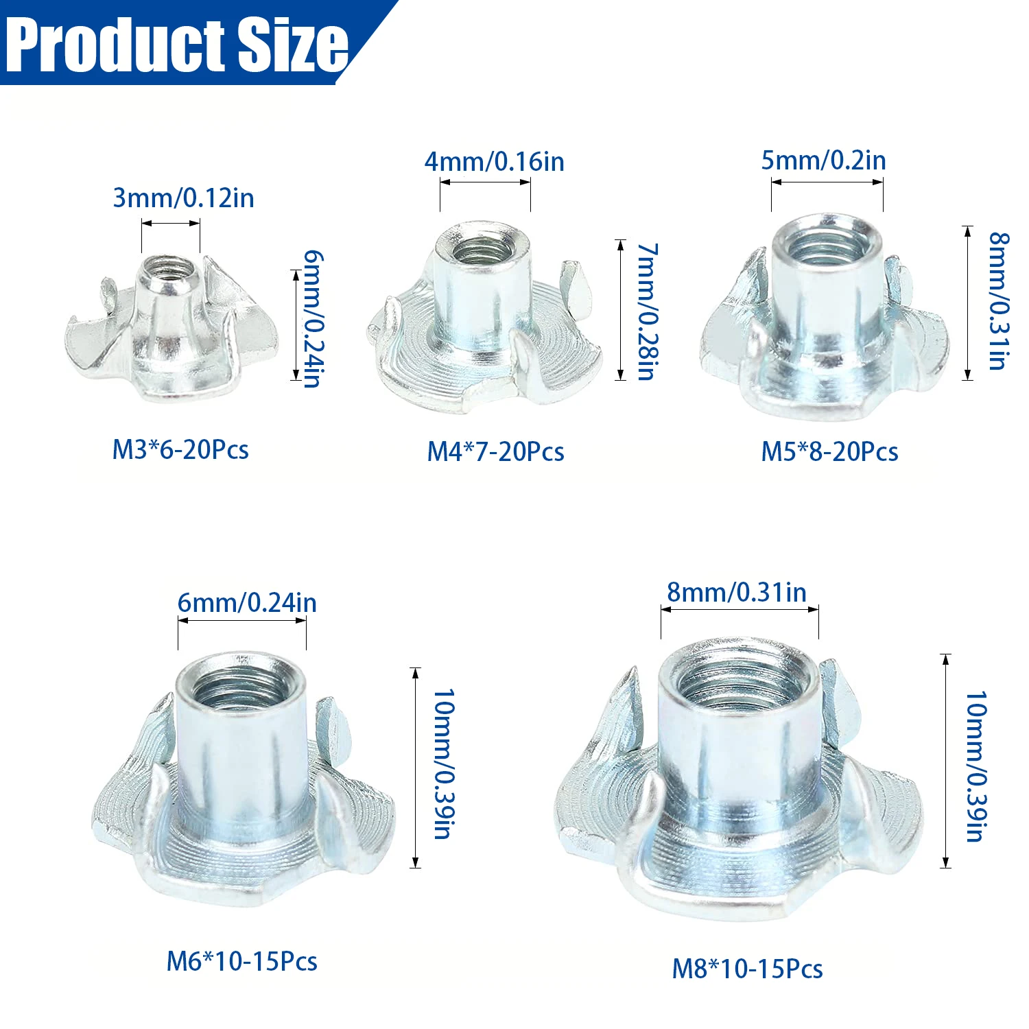 90pcs Carbon Steel Four Claws Nut M4 M5 M6 M8 Speaker T-nut Blind Four Pronged Insert Tee Nut For Wood Furniture Hardware