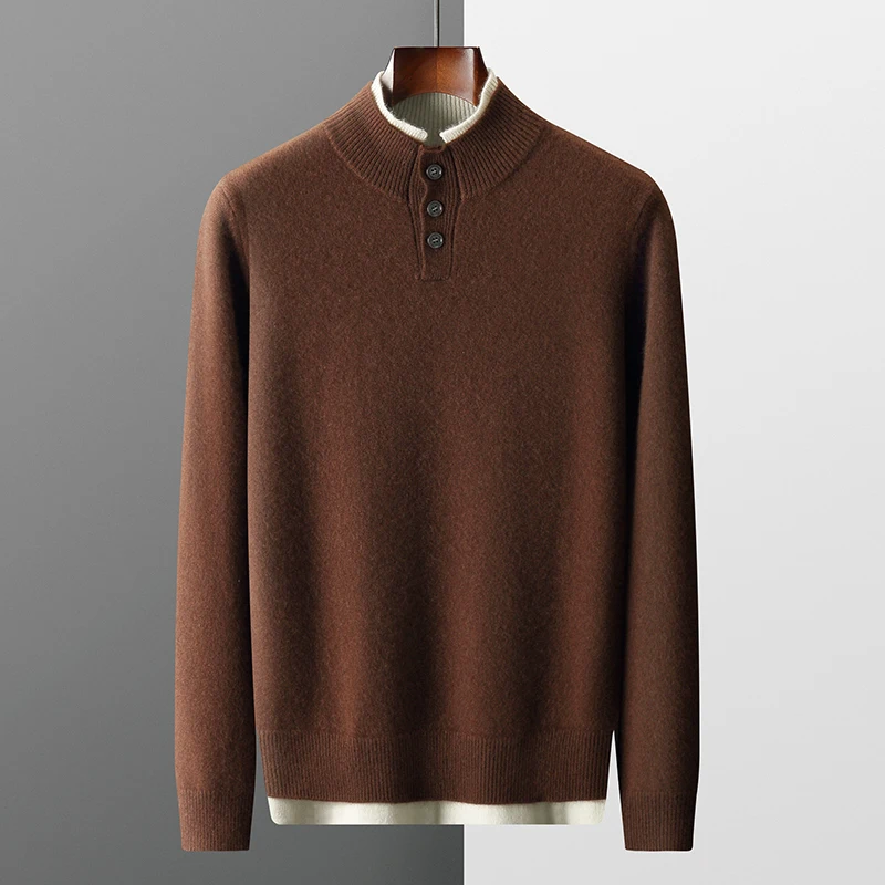 Autumn and Winter New 100% Cashmere Sweater Thickened Fake Two Piece Casual Versatile Temperament Fashion Sweater for Men