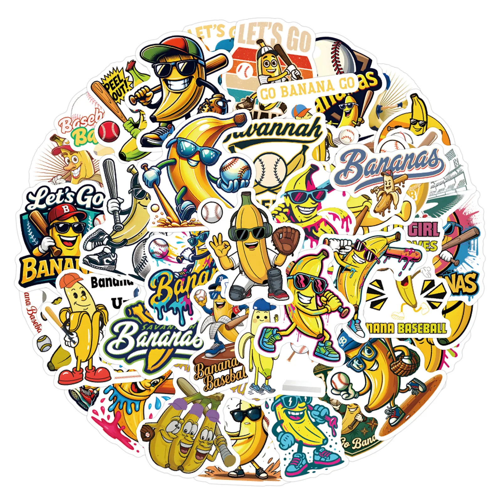 55Pcs Baseball Banana Stickers Creative Funny Savannah Bananas Stickers Decorative Skateboard Luggage Guitar  Waterproof Decals