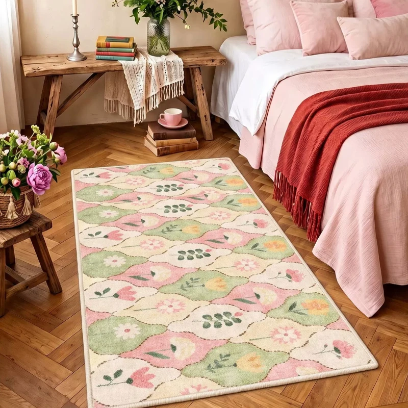 Floral Pattern Bedroom Decor Pink Carpet Cream Style Carpets for Living Room Fluffy Soft Bedside Floor Mat Thikc Plush Study Rug