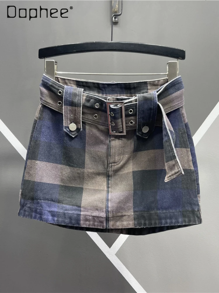 Vintage Plaid Denim Skirt With Belt A-line High Waist For Women Mini Skirts Korean Chic Slim Fit Casual 2024 Summer New Fashion