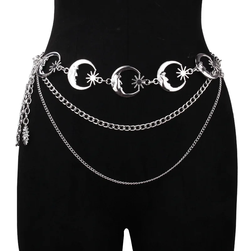 Women's Metal Sunflower Chain Belt Adjustable Size Dress Chain Ornament Gold and Silver Moon Charm Waist Chain Belt for Summer