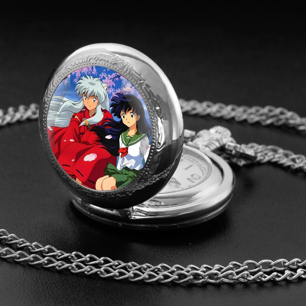 Inuyasha Design Vidro Dome Quartzo Relógio de Bolso, Anime Design, Numeral árabe Dial on Chain, Ideal Presente para Ocasiões Especiais