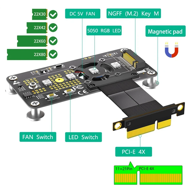 حار TTKK الناهض بطاقة M.2 M-مفتاح NVME SSD إلى Pcie X4 تمديد كابل مع مروحة التبريد RGB LED وسادة مغناطيسية ل 2230-2280 NVME SSD