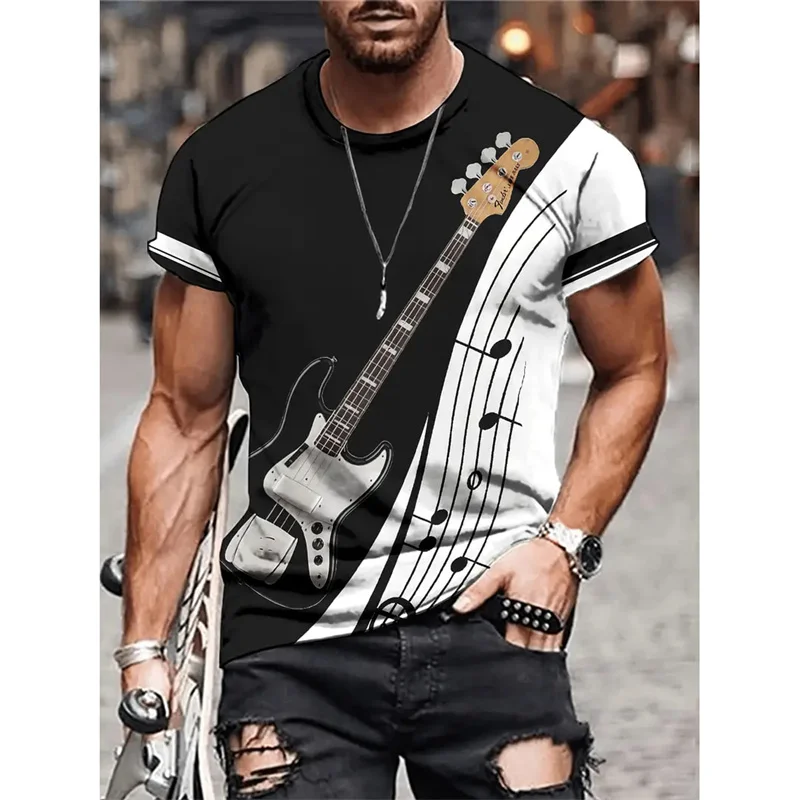 3D Printed Musical Note Art Guitar T-Shirt For Men Pop Music Pattern T Shirts Summer Casual Tees Round Neck Tops Short Sleeves