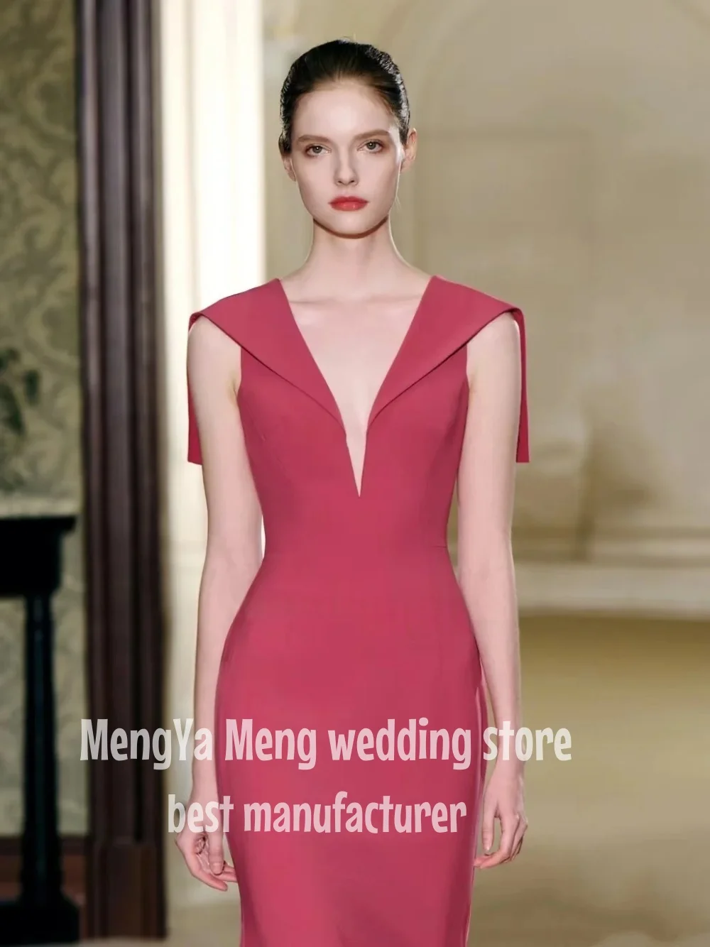 ZHUISHU Fashion Sexy Grand Deep V Neck Evening Gown Winged Shoulder Long Small Train Ball Gown Hot Pink Customized Formal Dress