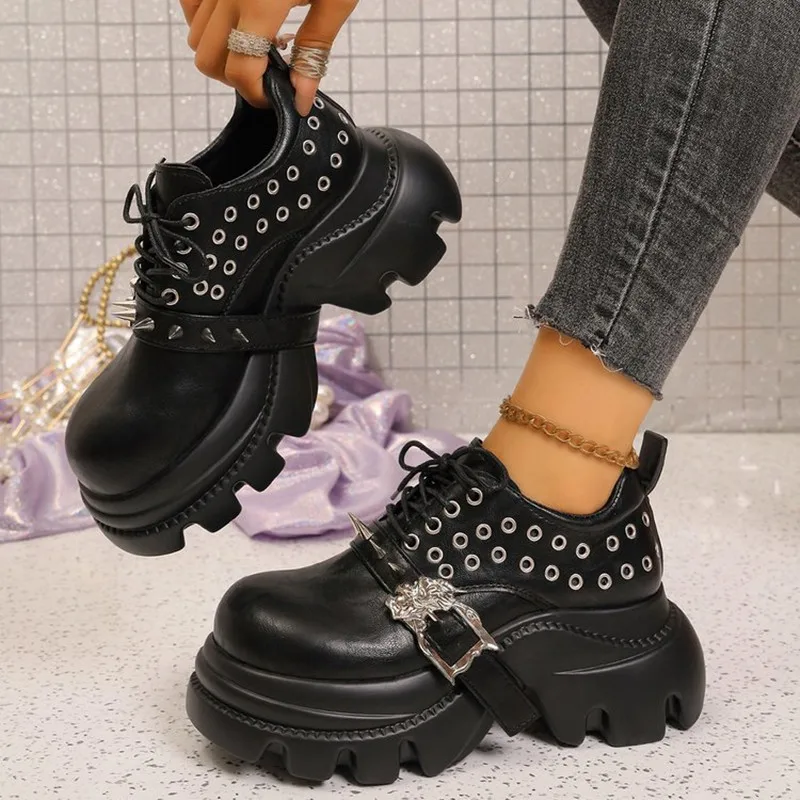 2026 Womens Platform Shoes Round Toe Chunky High Heel Lace Up Metal Eyelets Spike Studs Decorative Buckle for Outdoor Walk Shoes
