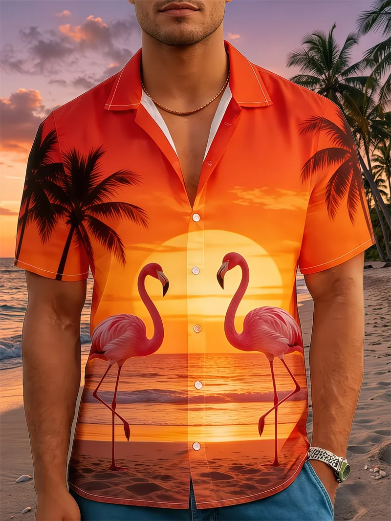 Sunset Flamingo Hawaiian Man Women Shirts Orange Palm Tree Print Short Sleeve Beach Casual Vacation Tops Cheap Clothes