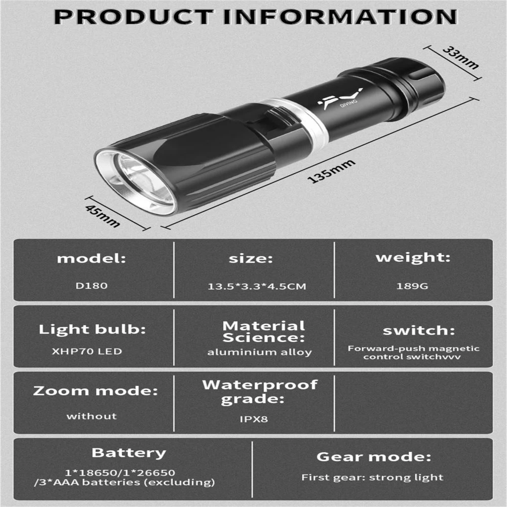 ダイビングスキューバ懐中電灯、超高輝度xhp、70 LEDトーチ、ipx8防水、ダイビング用充電式フラッシュライト、1000ルーメン