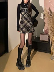 2024 Autumn Elegant Plaid  2 Piece Dress Set Women Outwear Casual Black Blouse + Vintage Slim Strap Dress Korean Fashion Suit