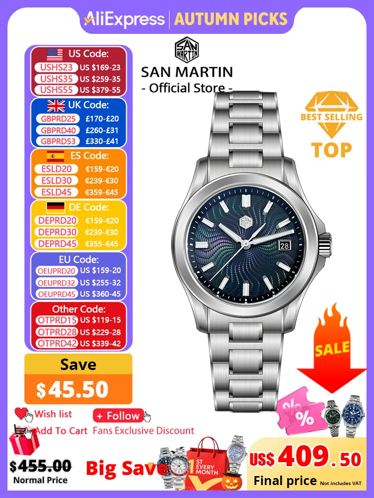 San Martin Official 39mm Guilloche MOP Dial Gada Watch Miyota 9015 Luxury Men's Automatic Mechanical Watches 10 ATM reloj SN0150