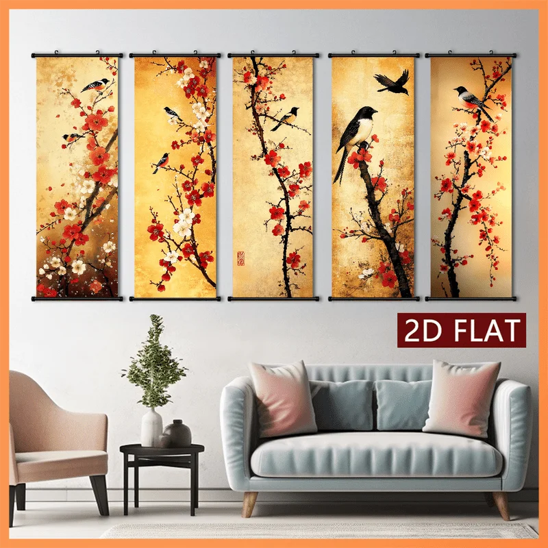 VIKAMA 5 Pcs Plum Blossom Bird Hanging Scroll Set Chinese Floral Poster Vertical Wall Art for Living Room Bedroom Decor