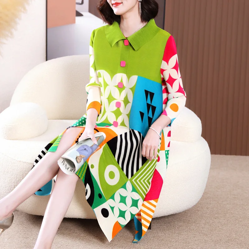 Miyake High-End Pleated Design Printed Elegant Dresses Spring Dress for Women 2024 New Mother's Clothes Age-Reducing Shirt Dress