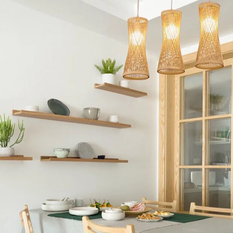 

NEW Chinese Style Rattan Woven Hanging Light Hand Knitted Bamboo Lampshade Chandelier Dinning Room Kitchen E27 Pendant Light