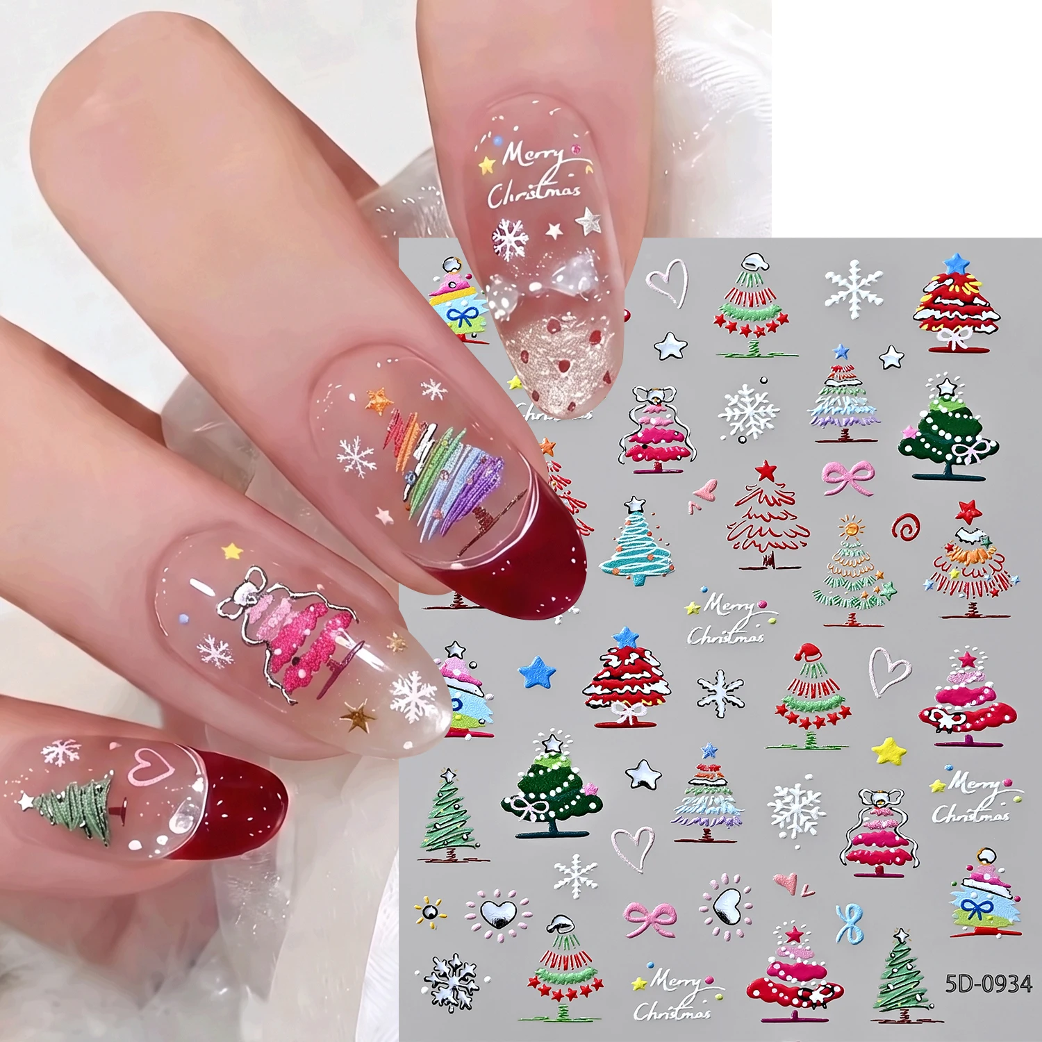 2pcs 5D Macaron Color Christmas Tree Nail Art Stickers Hand-painted Colorful Cute Snowflake Heart Bow Decals Winter Nails Decor