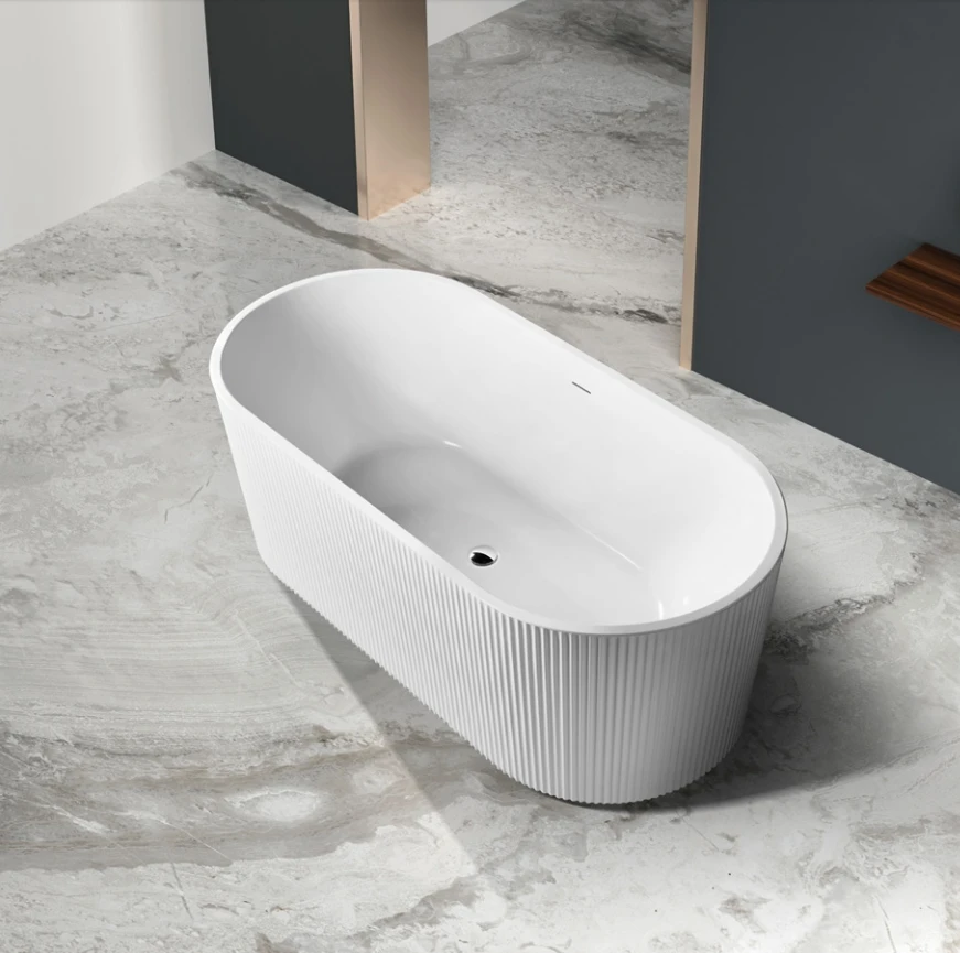 Striped Design Groove Fluted Freestanding White Surface Bathtub Free Standing Bath Tub