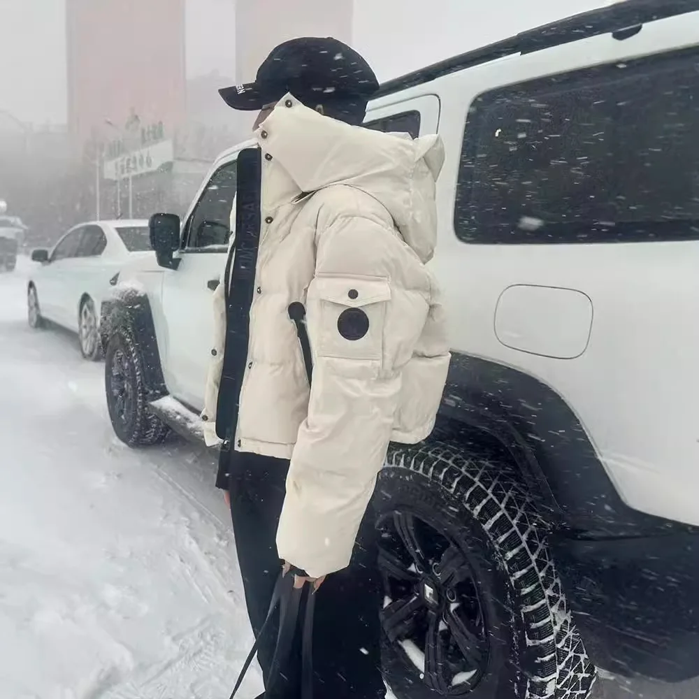 겨울 짧은 광택 후드 다운 재킷 여성용 두꺼운 따뜻한 퀼팅 파카 아우터 여성 화이트 덕다운 솔리드 방수 재킷