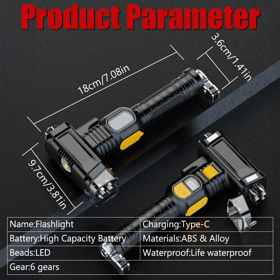 Portable Zoom Security Flashlight -1200LM with Window Breaker/Magnet Base/110dB Alarm, Tactical Self-Defense Torch (SOS Strobe)