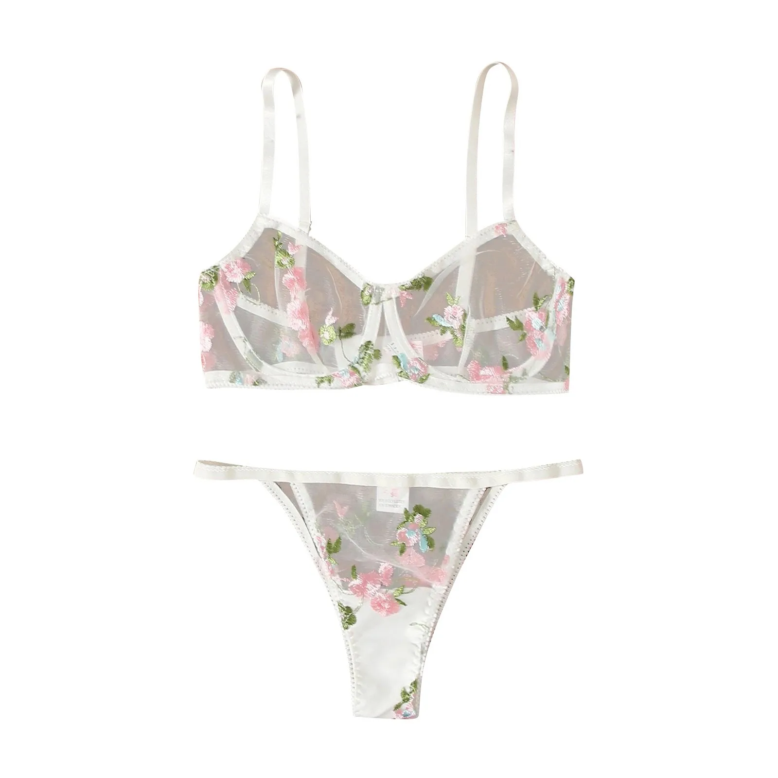 Conjunto de lencería con bordado de flores para mujer, Conjunto de sujetador transparente sin costuras, tangas suaves y acogedoras, ropa interior hueca íntima