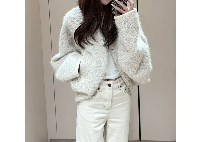 

White Cardigan Lamb Coat Women's Autumn and Winter New Casual Loose Short Woolen Coat