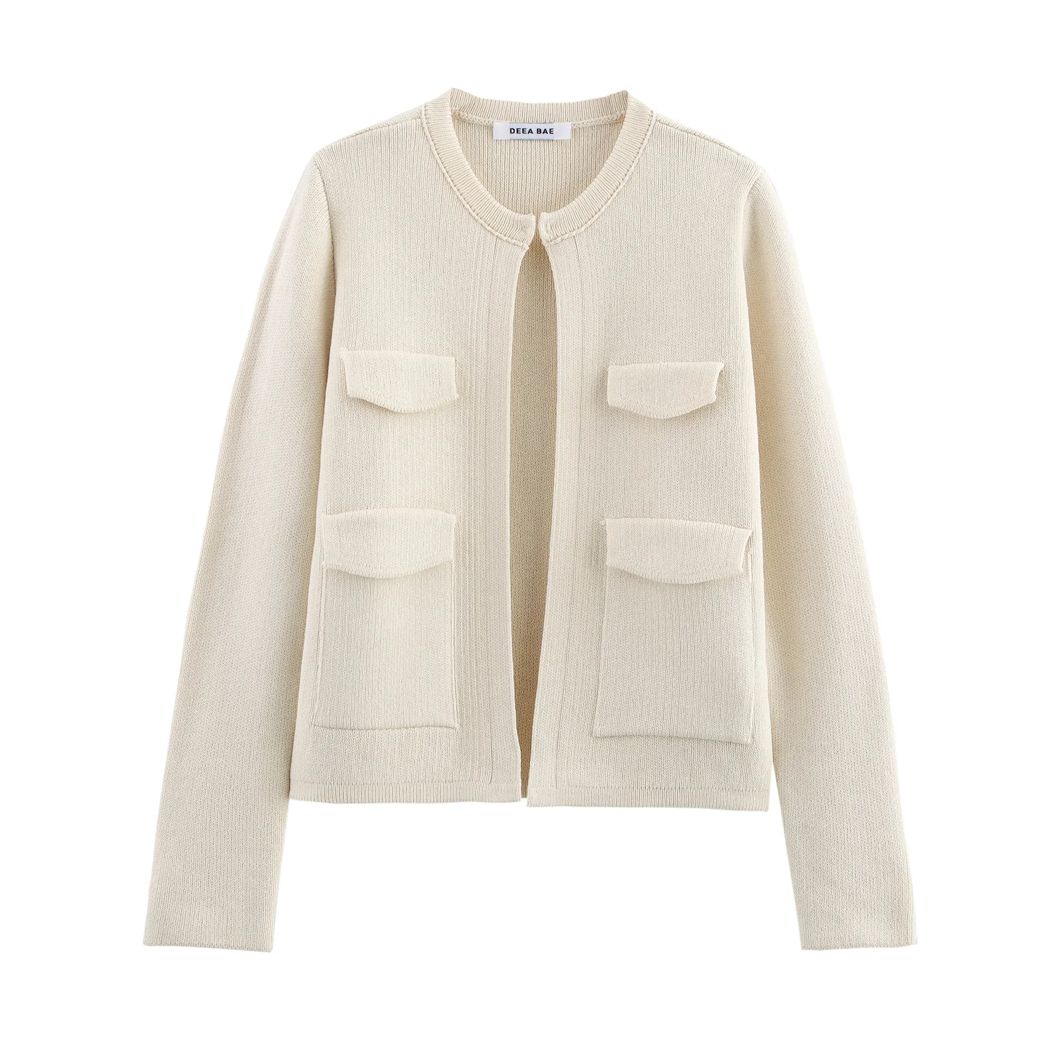 

Spring 2025 new women's pocket decorated sweater Round neck long-sleeved casual knitted cardigan jacket