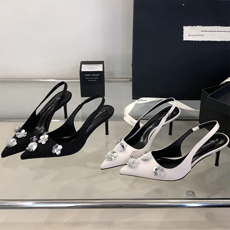 ฤดูร้อน Bling ออกแบบ Applique รองเท้าส้นสูงบางผู้หญิงเซ็กซี่ Pointed Toe ซาตินสายคล้องคอรองเท้าส้นสูงรองเท้าแตะ Elegant ชุดจัดเลี้ยงรองเท้า