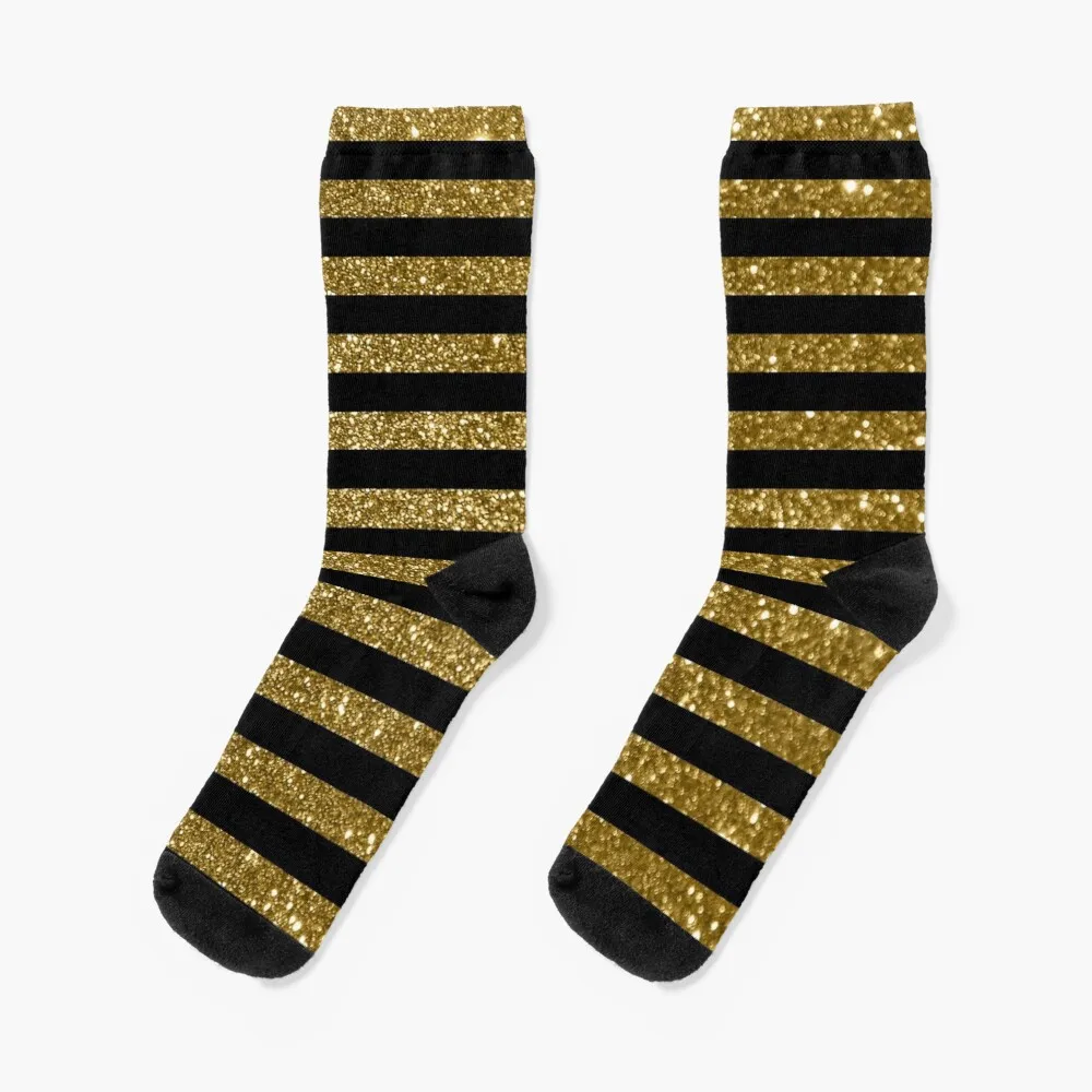 Black and Golden Glitter Vintage Stripes Socks Men'S Winter Socks