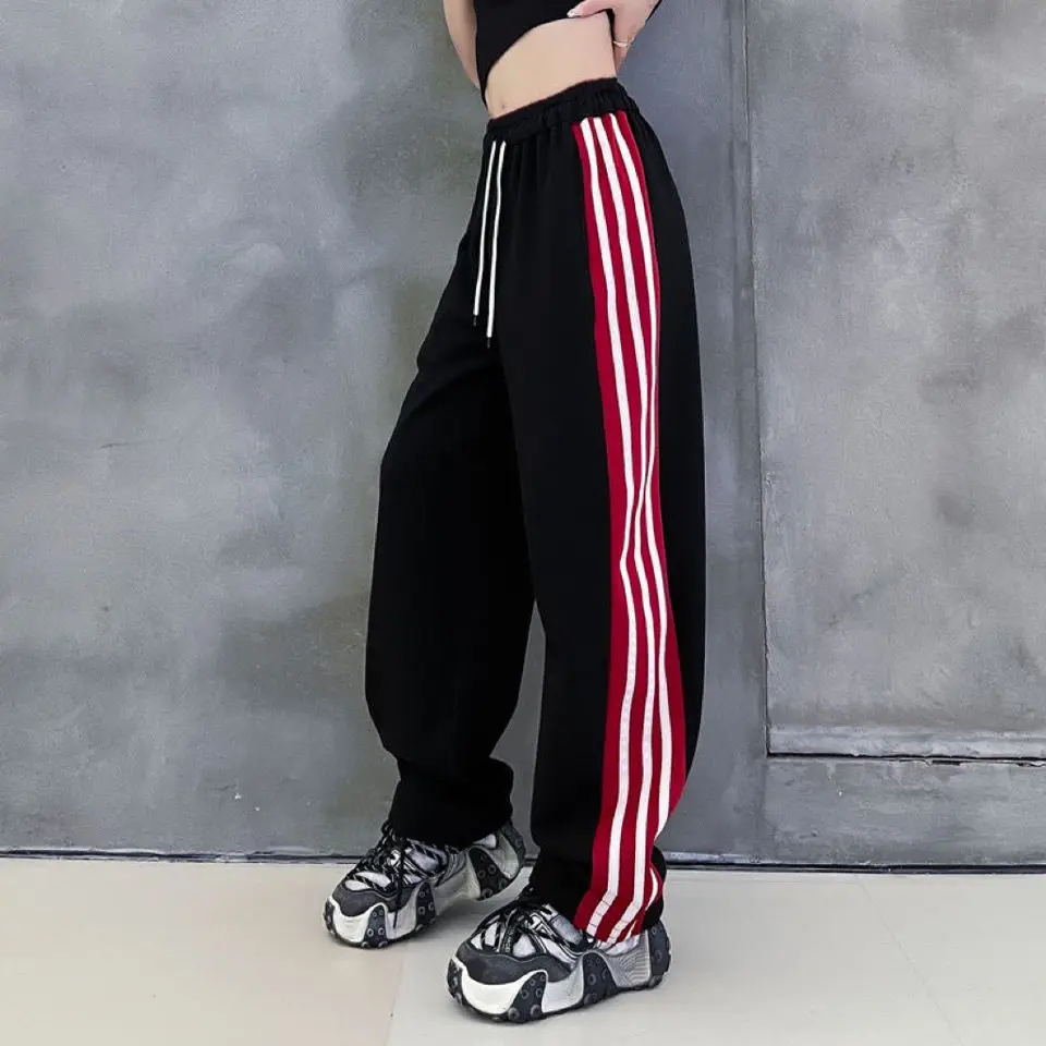 GIDYQ Y2k Striped Wide Leg Pants Women Fashion Black Baggy Jogger Sweatpants Korean Streetwear Hip Hop Straight Trousers New