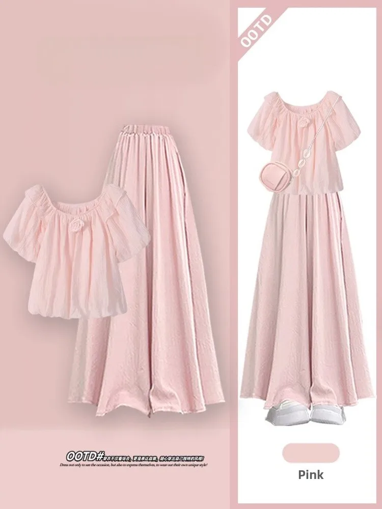 Summer Dopaamine Gentle Style Women's Shirt And Wide Leg Pants Two Piece Set Bubble Sleeve Blouse And Skirt Outfit for May Day