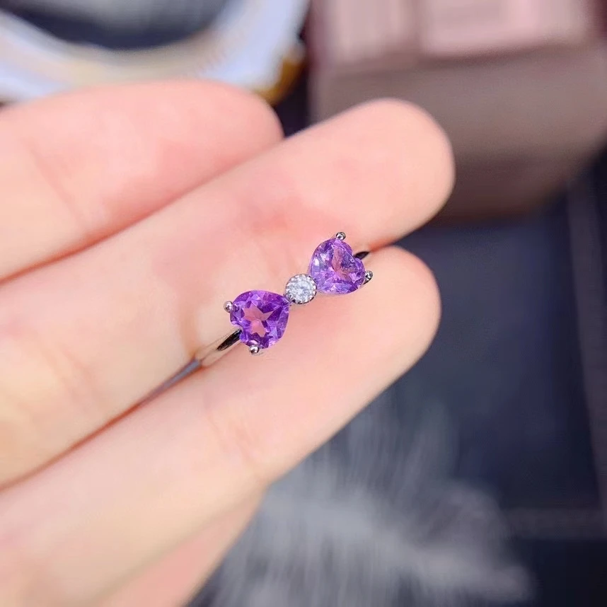 

Vintage Popular Natural Amethyst Ring 925 Sterling Silver Inlaid Women's Purple Gemstone Ring Bowknot Wedding Engagement Party