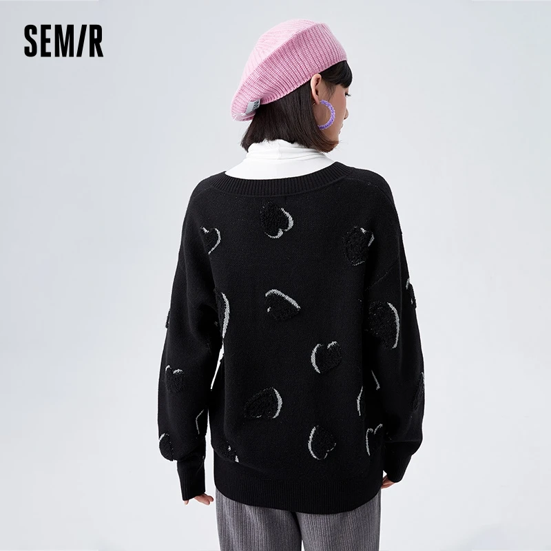 Semir Sweater Women V-Neck Love Jacquard Loose Inner Wear Winter Gentle Sweet Off-Shoulder Sweater