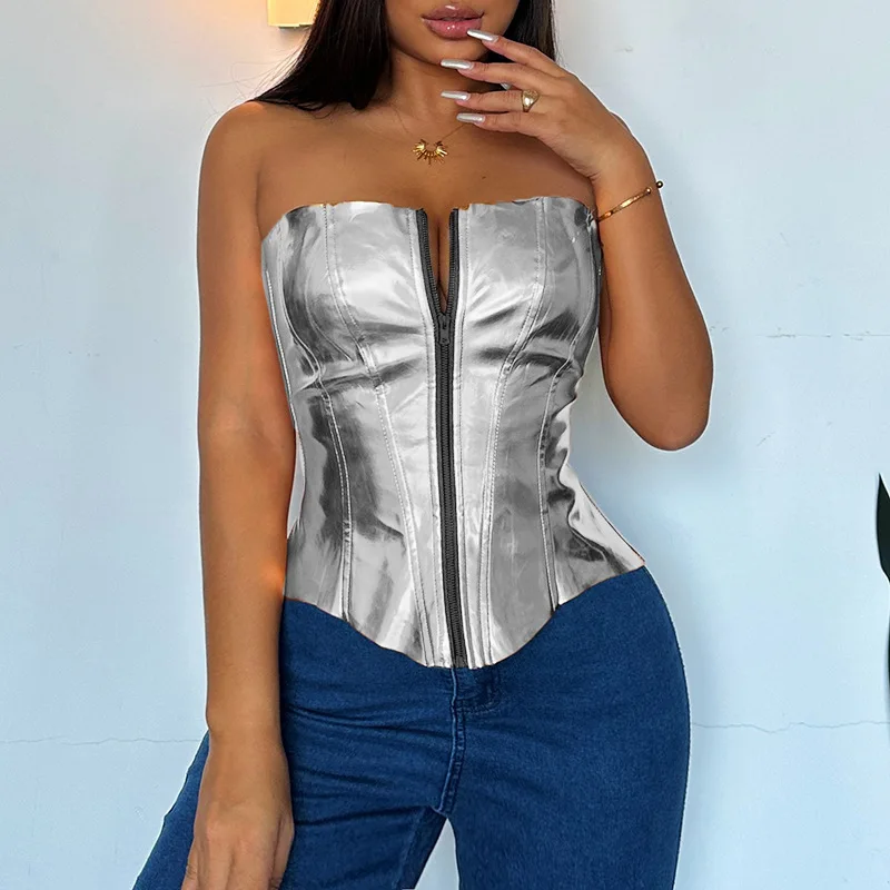 2024 Women's sexy and fashionable metal bright leather wrap chest top, slim fitting vest, waist tie