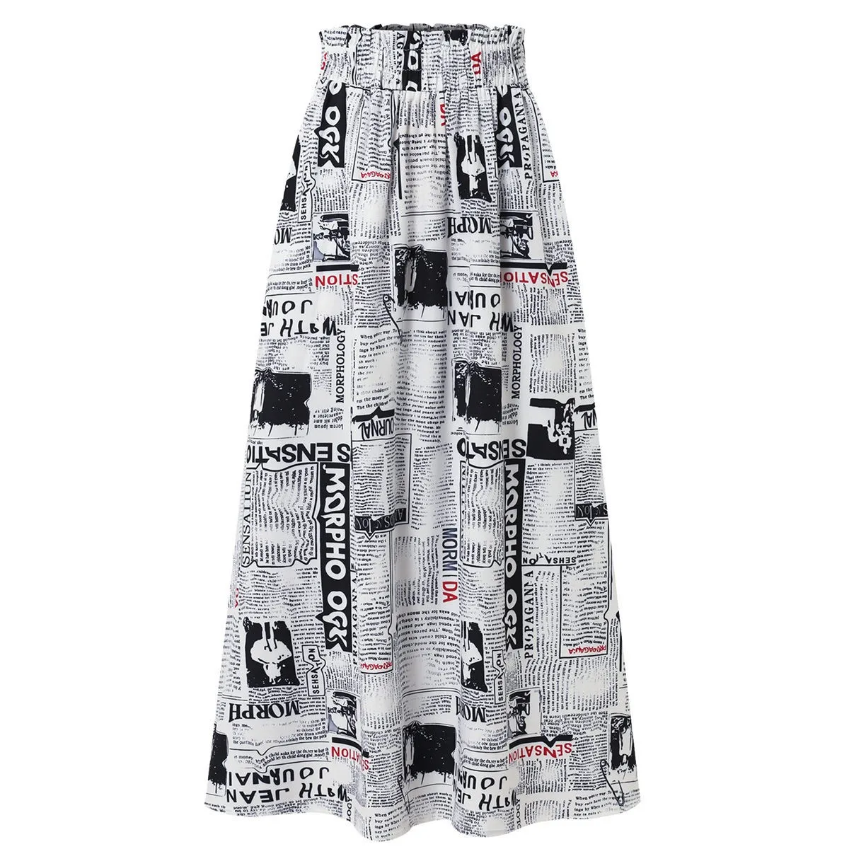 Vintage Print Half Skirt Women's Y2K Newspaper Pocket Umbrella Skirt Polyester Fabric Travel Suitable Batwing Shape Spring 2024