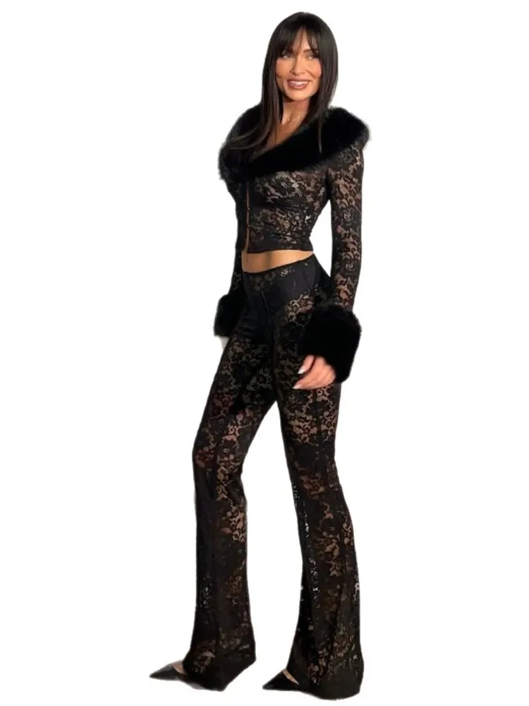 2 Piece Women Set Summer Autumn Matching Sets Two Pieces Sets Long Sleeve Lace Tops And Perspective Pants Suits Outfits Clothing