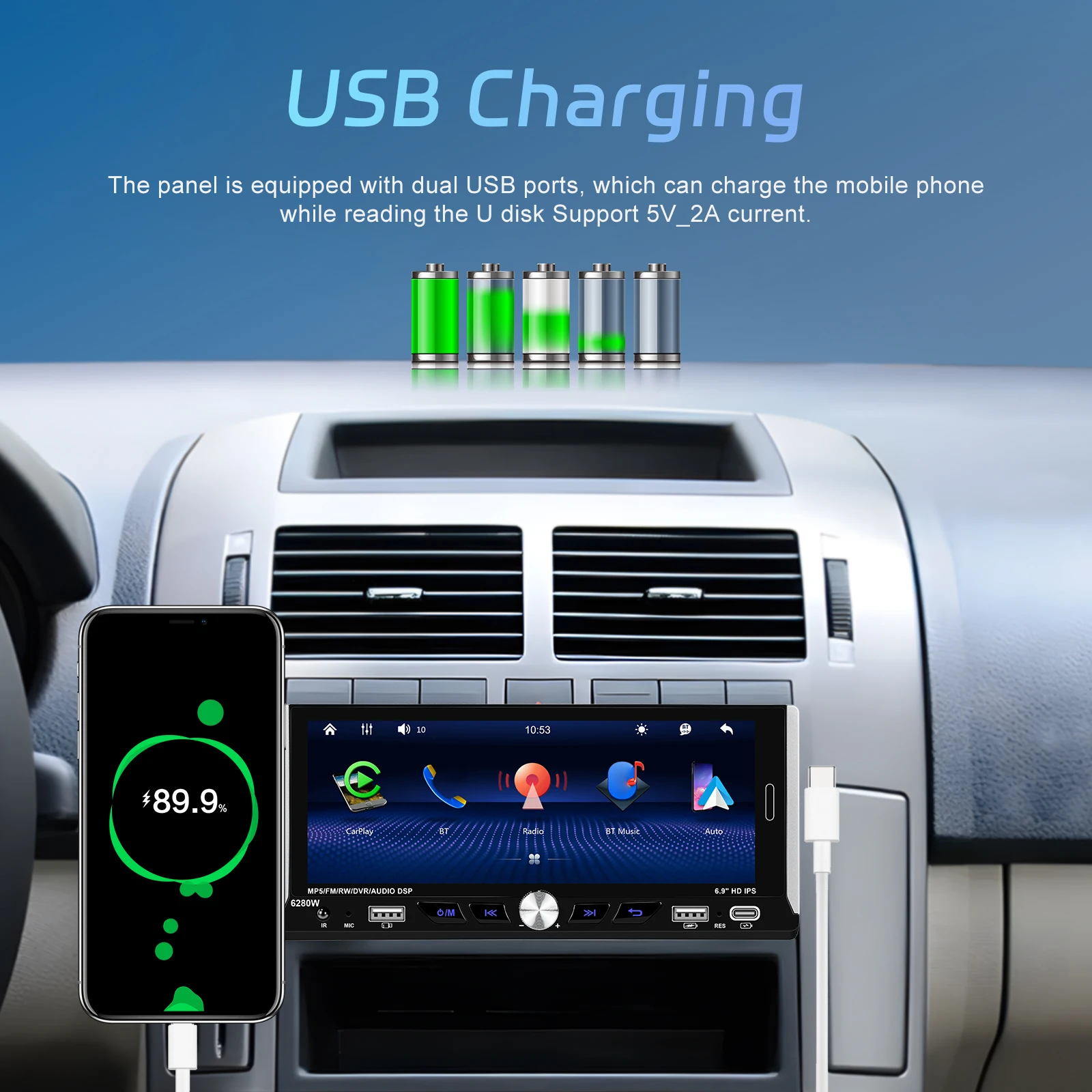 Podofo 6.9 "1Din مشغل سيارة لاسلكي CarPlay أندرويد راديو سيارة مشغل وسائط متعددة راديو FM استقبال كاميرا الرؤية الخلفية ستيريو السيارة #3