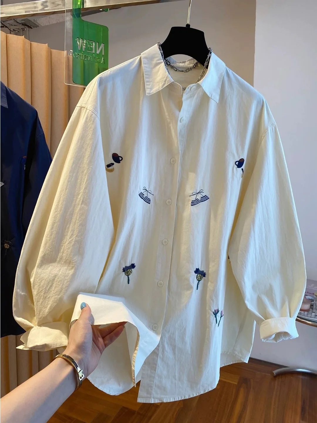 Autêntico primavera faion bordado puro algodão longo sve feminino irt solto emagrecimento topo casual sle ajuste regular