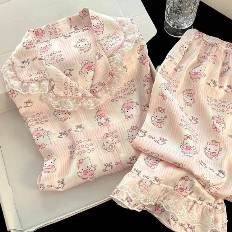 

Женские пижамные комплекты для сна Hello Kitty, кавайная одежда с героями мультфильмов для молодых девушек, весенне-осенние штаны с длинными рукавами, одежда для сна, домашняя одежда