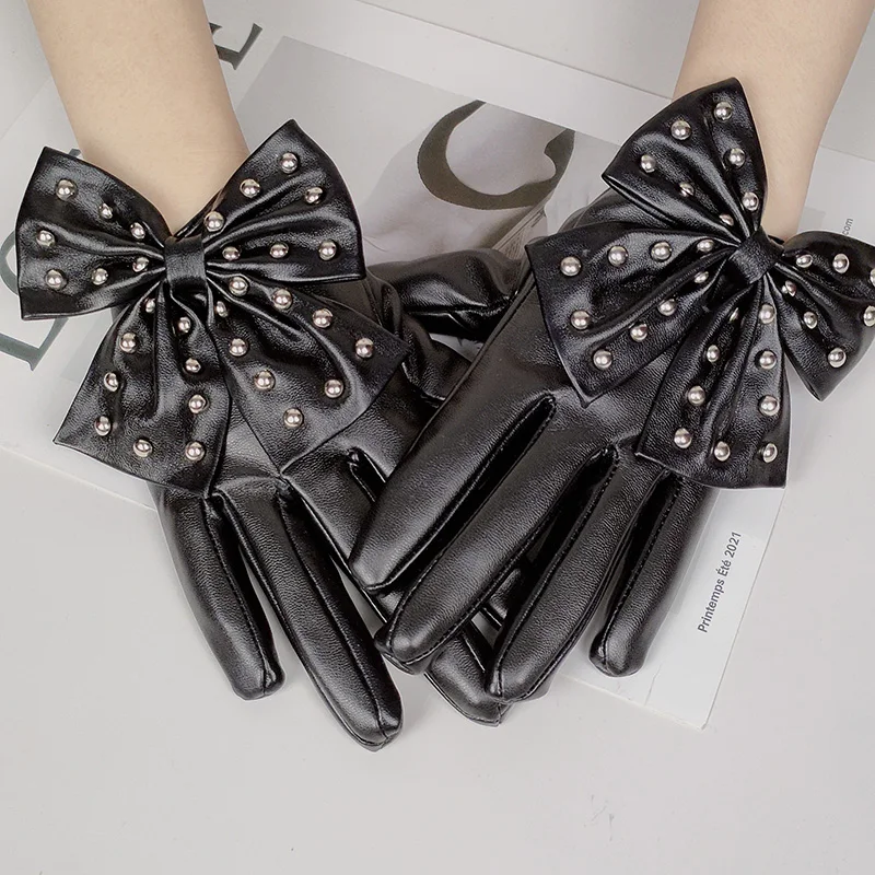 Fashion Women Punk Rock Rivet Bow Full Finger Synthetic Leather Gloves For Sports Fitness Nonslip Cycling Motorcycle Mittens S85