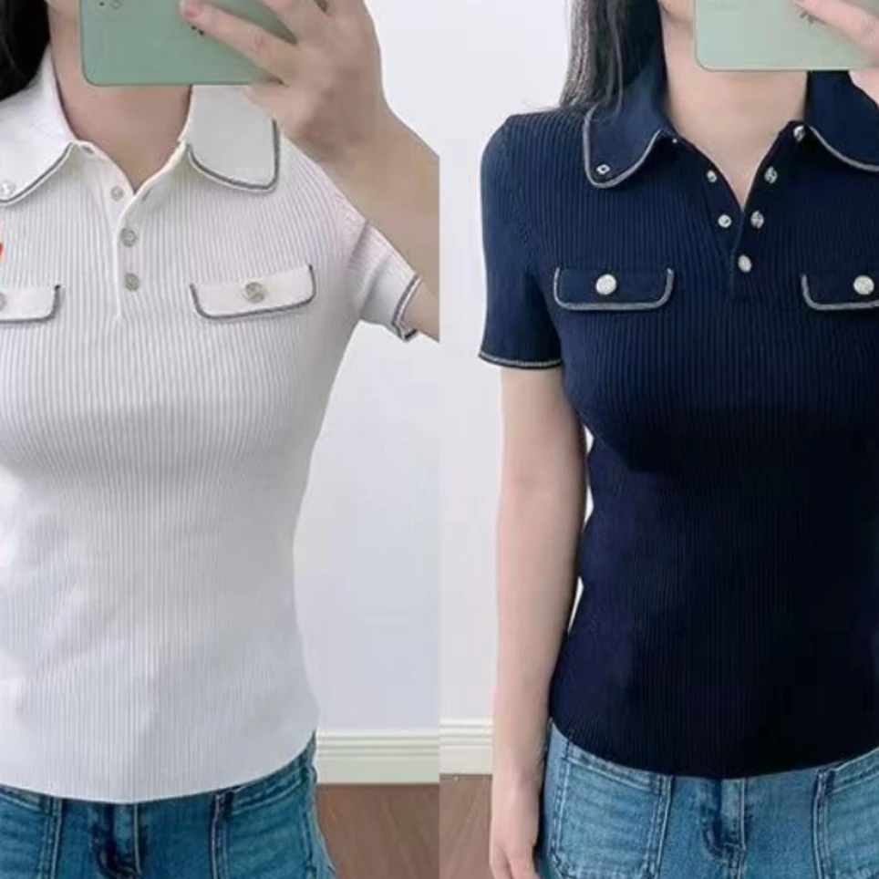 

Slim Knitted Sweater Casual Versatile Short-sleeved Slim Lapel T-shirt Tops for Summer New MA Luxury Designer Brand Y2k Clothes