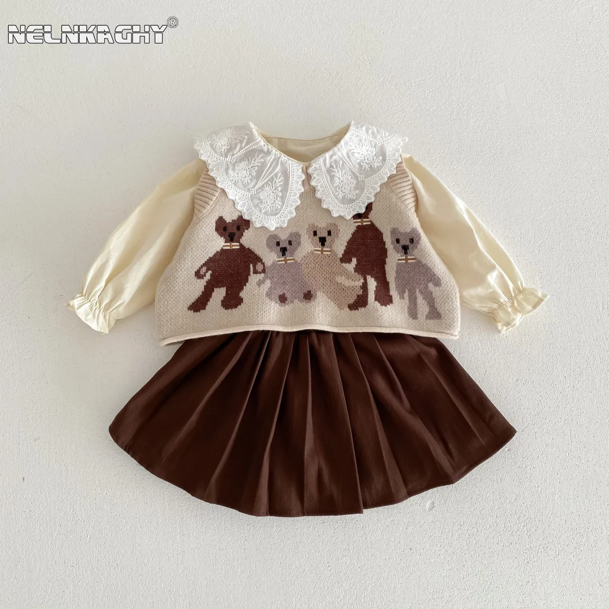 2024 Autumn Kids Baby Girls Academic Style Clothing Set 3pcs - Children Knitted Cartoon Vest+lace Collar Shirts+pleat Skirts