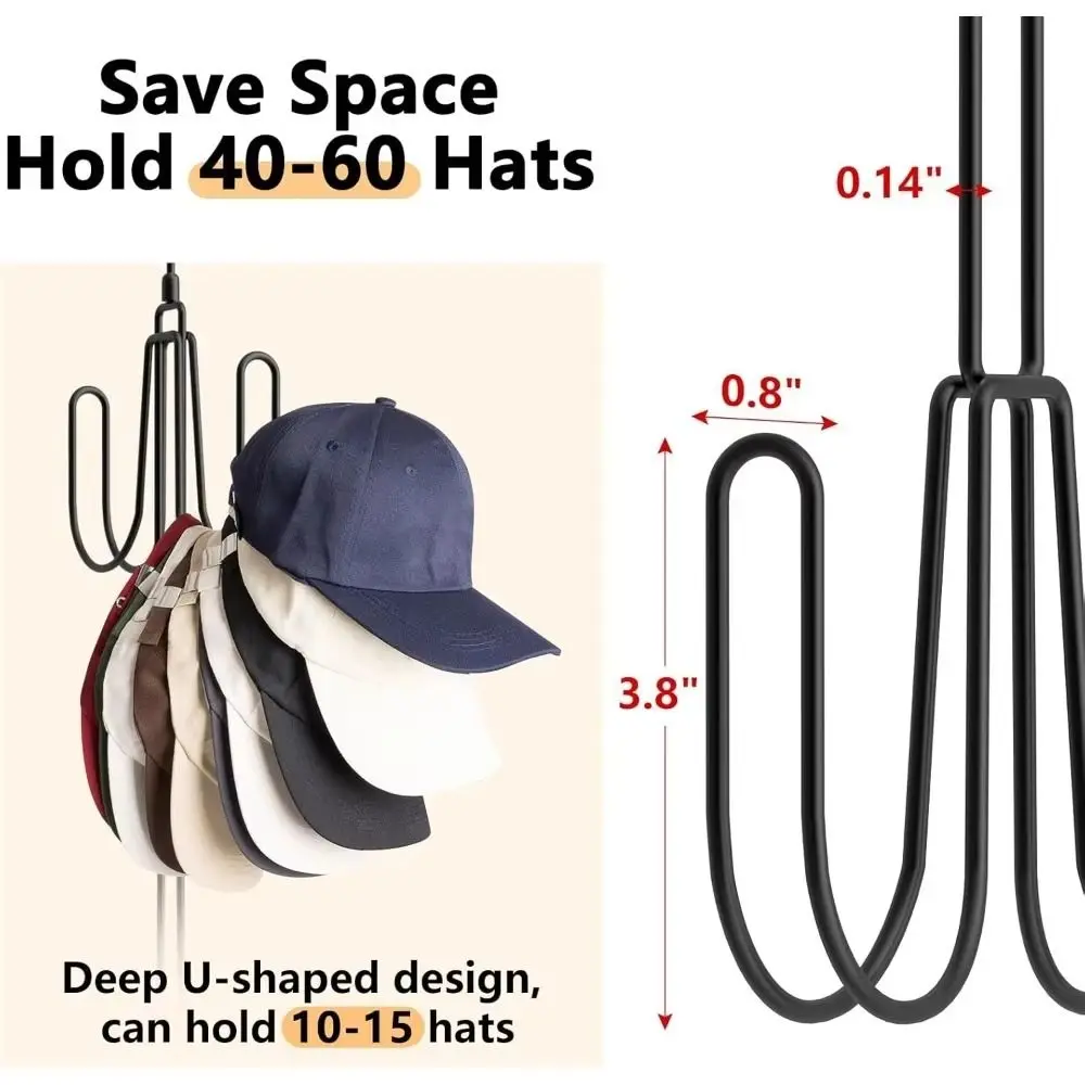 Foldable Metal Hat Hanger Rotating Top Hook 4 Hooks Baseball Cap Organizer Multipurpose Large Capacity Hanging Hat Rack Home