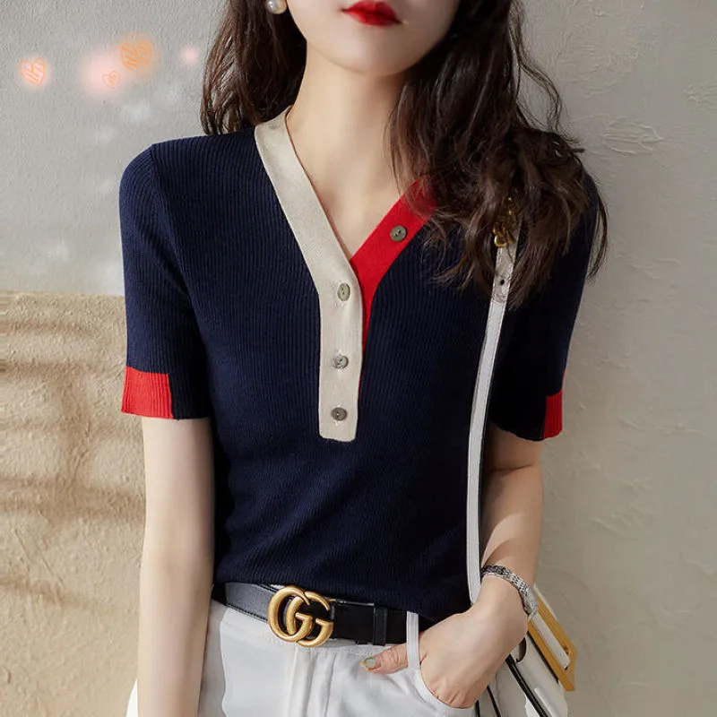 

Spring and Summer V-neck Short Sleeve Women's Loose New Model Base Shirt Half Sleeve Knitted Sweater Thin T-shirt