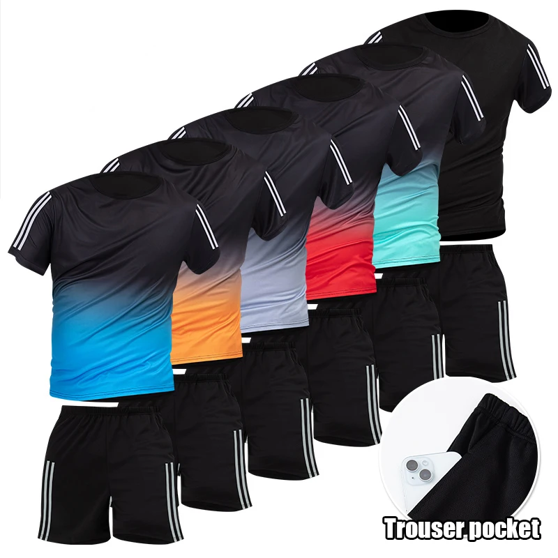 

2-piece Four Seasons Men's Short Sleeve Gradient Set with Multi Color Options Quick Drying Youth Sports and Fitness Comfortable