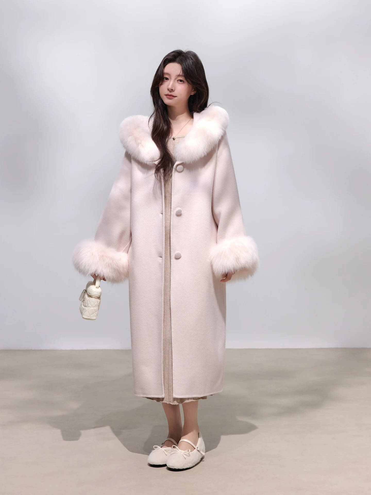 

Chen You Fujisan Fur Collar Woolen Double-Faced Coat Women's Long Sle Winter Faion New Arrival Straight Cut Thin Model