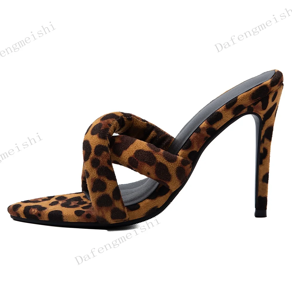 Leopard Print Twist Strap Mule Slippers Open Toe Slip On Thin Stiletto Heels Sandals Women Street Fashion Slide High Heels